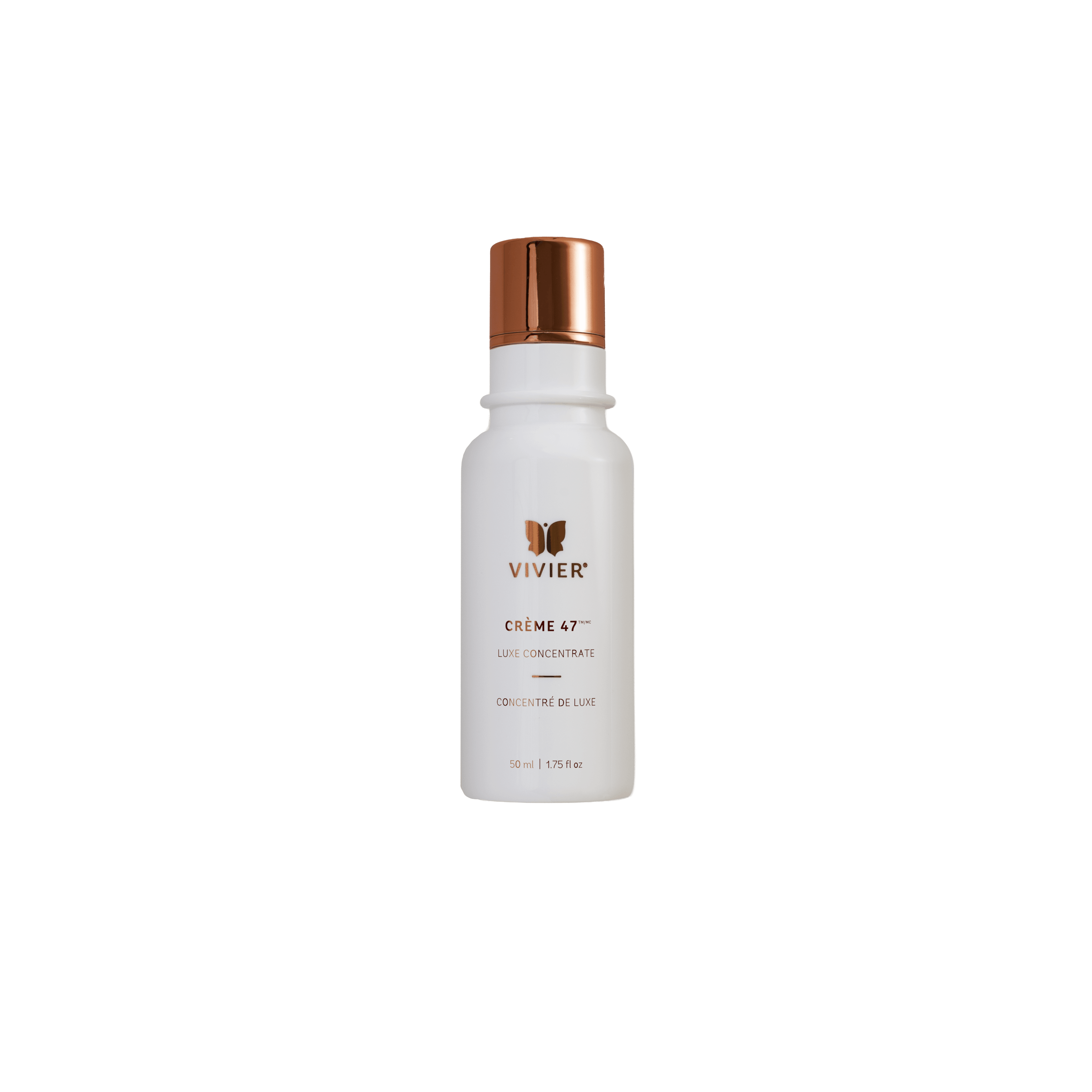 Viviers Creme 47 skincare bottle with a white label and bronze cap on a transparent background
