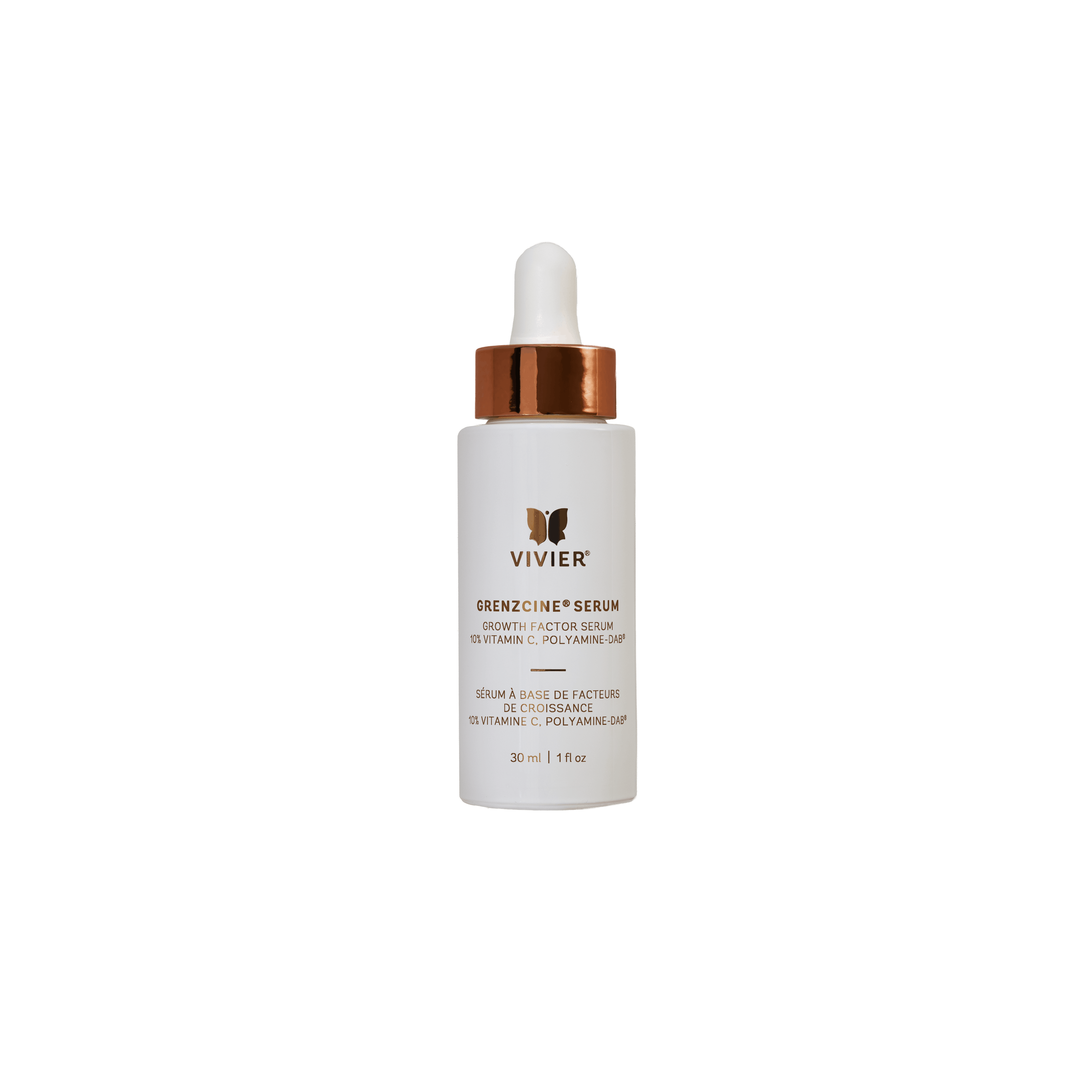 GrenzCine Serum bottle, to restore volume, density, firmness, and elasticity for visibly lifted, smoother, younger-looking skin. Ideal for all skin types, especially mature.