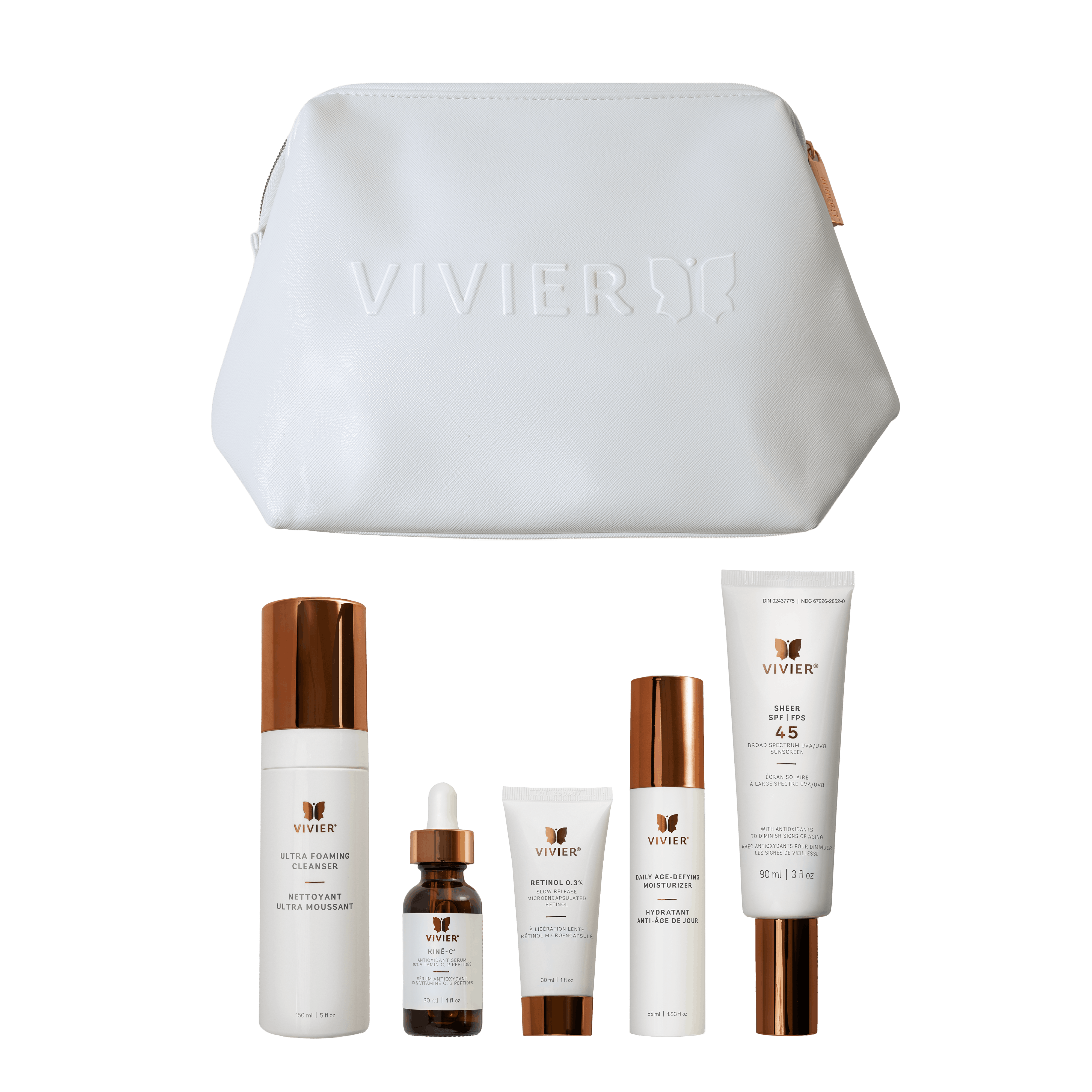 Viviers Youth Preserve Program skincare products including bottles and a pouch on a black background, Ultra foaming cleanser, Kine-C Serum, Retinol .3%, Daily Age Moisturizer, Sheer SPF 45