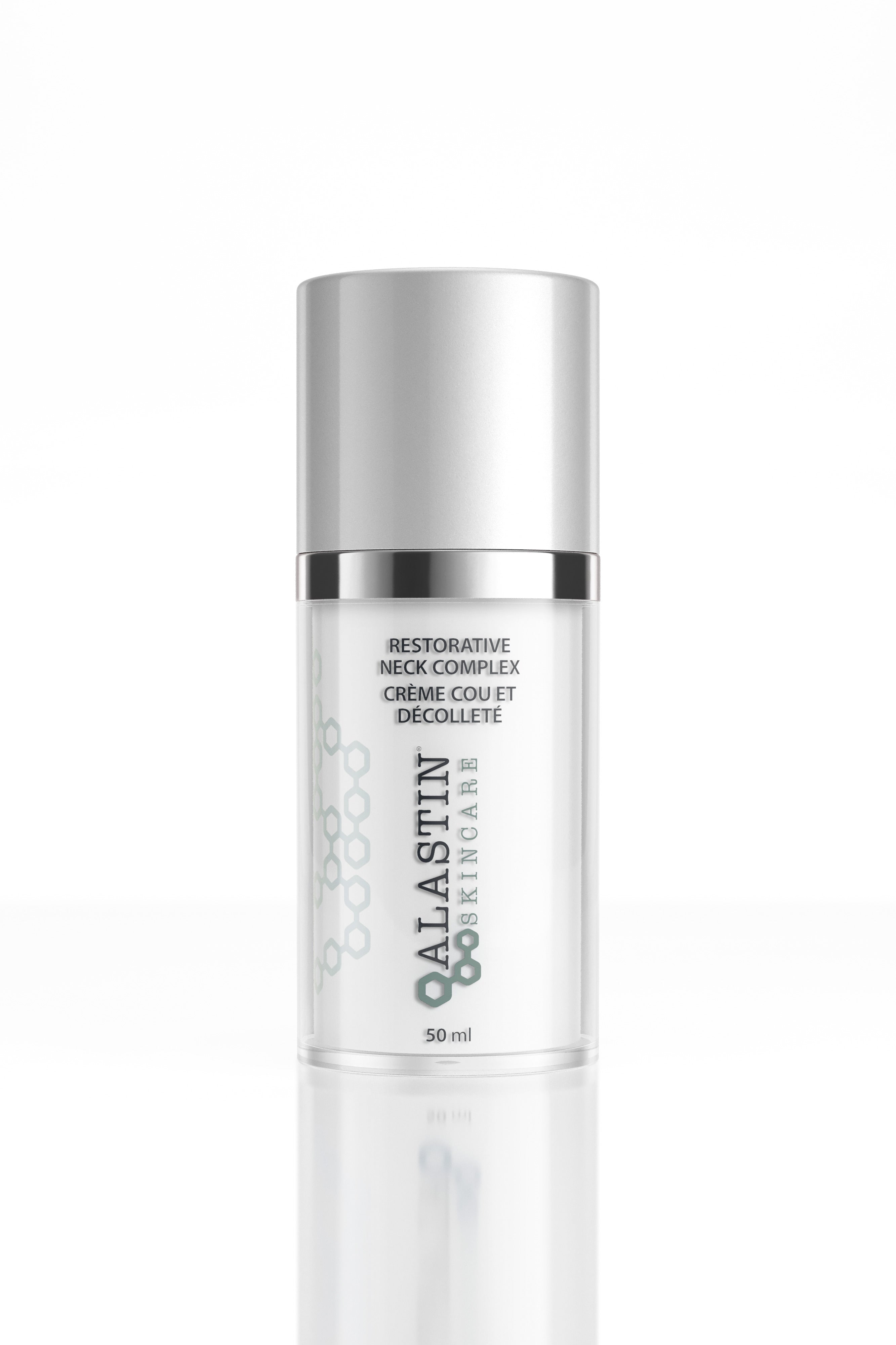 Alastin skin care - Restorative Neck Complex, for fine lines and wrinkles on the neck, texture and tone, skin redness. Purchase at Foxy Face Studio in Orangeville, ON