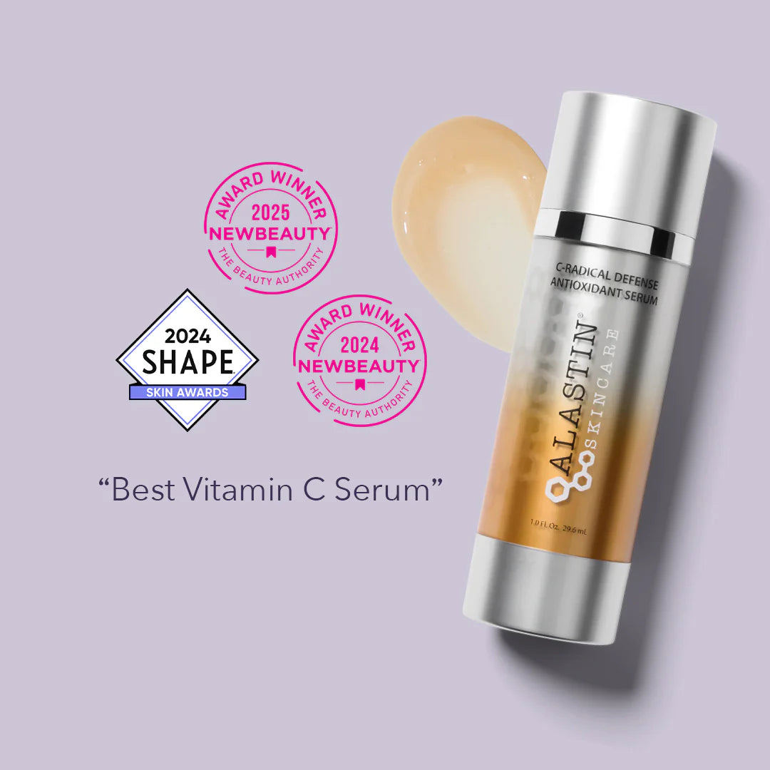 Alastin serum bottle with award badges on a light purple background - New Beauty 2025, Shape skin awards 2024, Best Vitamin C Serum