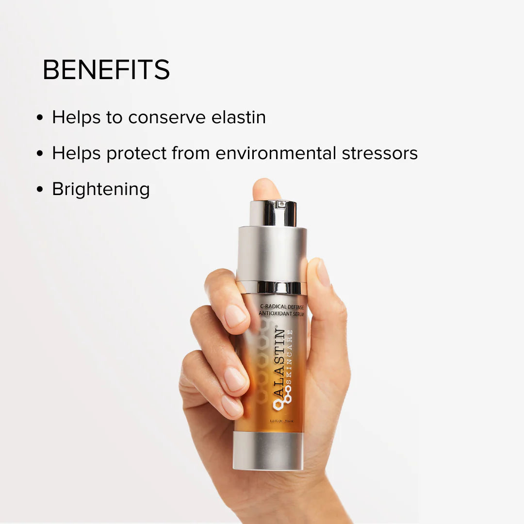 Hand holding  Alastin C-Radical Defense Antioxidant serum with benefits listed on a white background, Helps conserve elastin, protects from environmental stressors, brightening