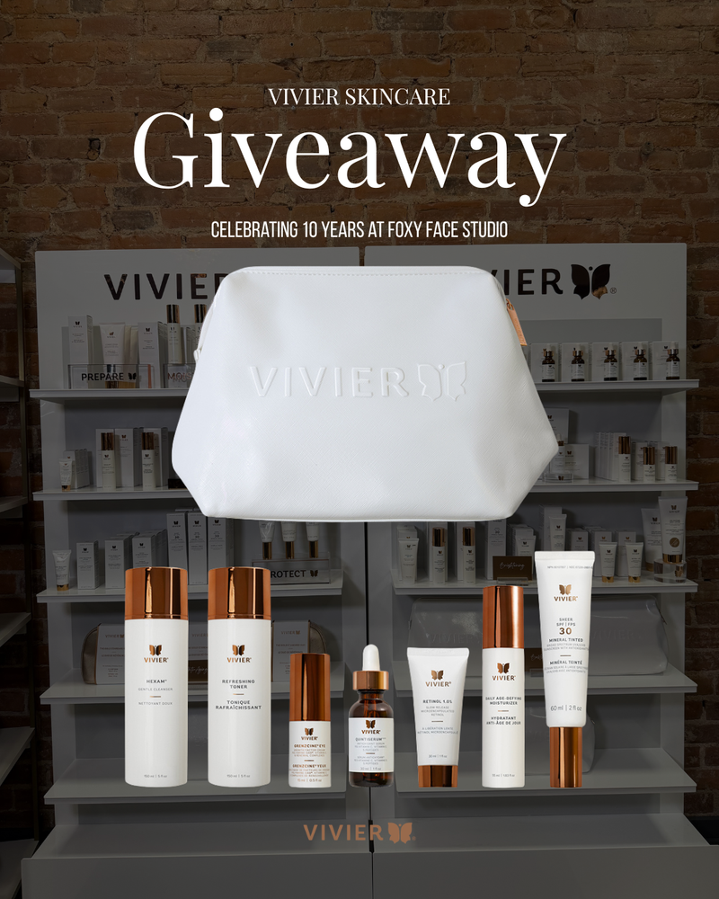 Vivier Skincare Giveaway promotional graphic Includes the following full-size products in a Vivier branded vegan leather bag:

- Ultra Foaming Cleanser
- Radiance Serum
- Illuminating Enzymatic Peel
- Daily Age-Defying Moisturizer
- SHEER SPF 30 Mineral Tinted