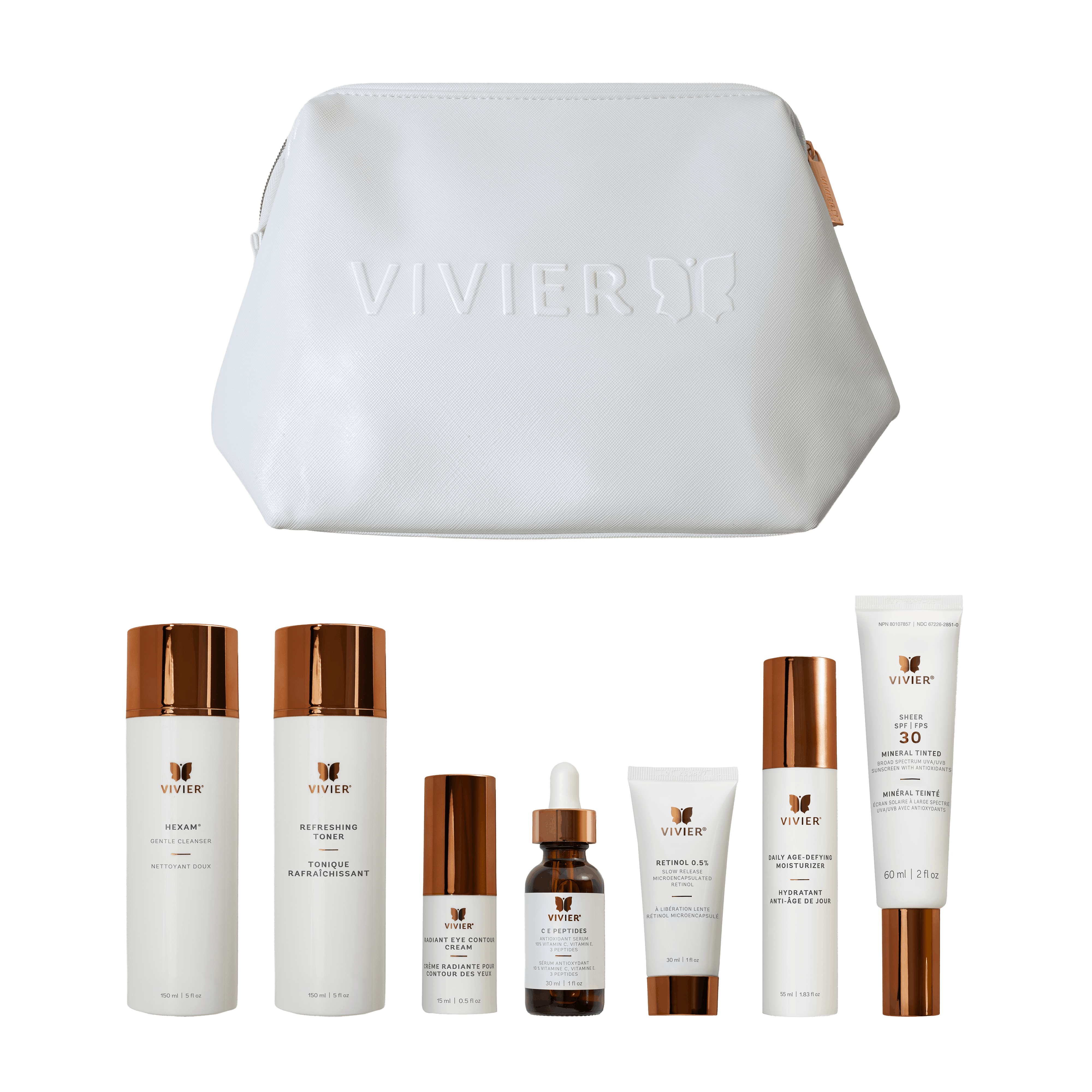 Vivierse Essential Anti-Aging Program skincare products set with a white pouch on a black background