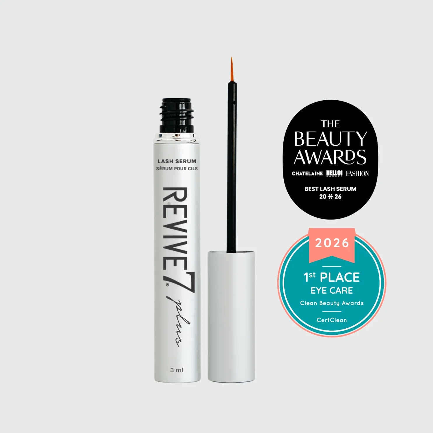 Image of Revive 7 lash serum bottle and awards for best lash serum, 1st place eye care clean beauty award