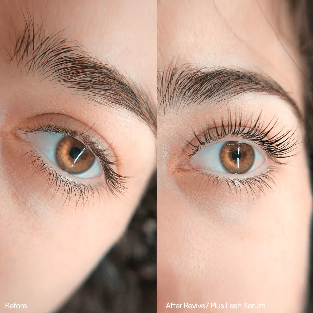 Before and after image of client using Revive lash serum, available at Foxy face Studio