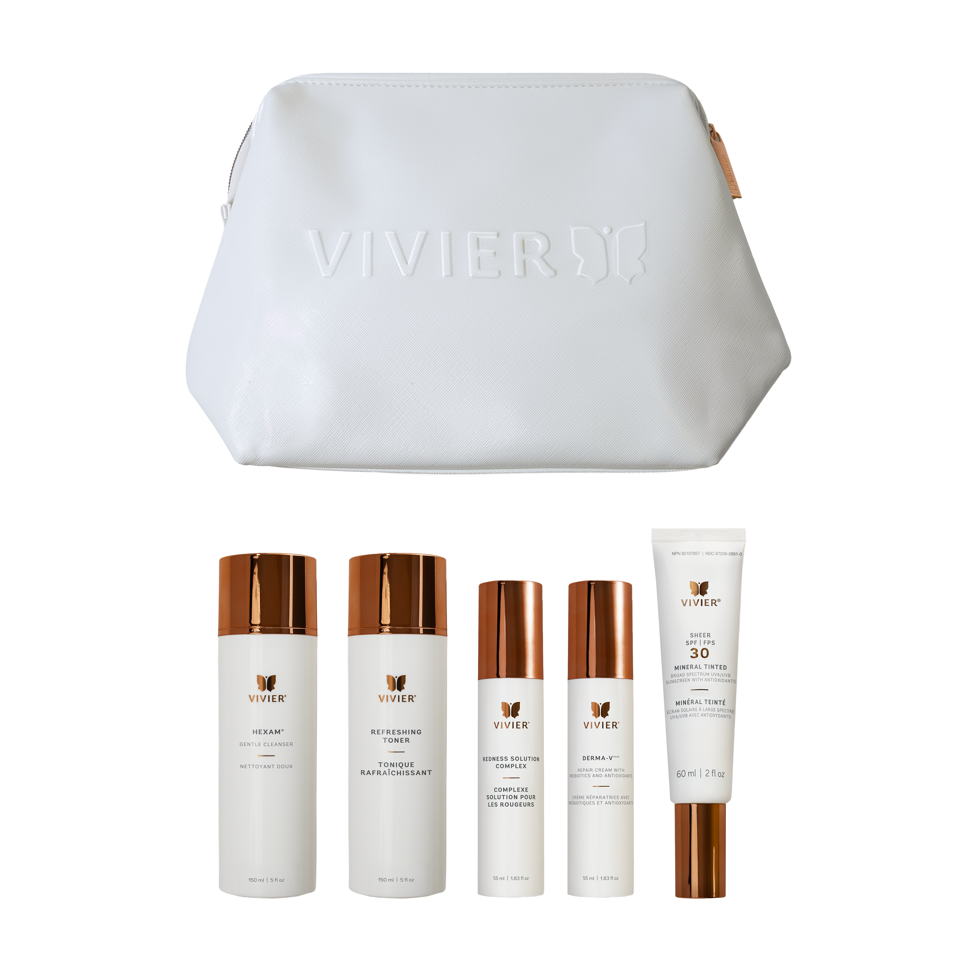 Viviers Sensitive Skin Program - skincare products with a white pouch on a white background