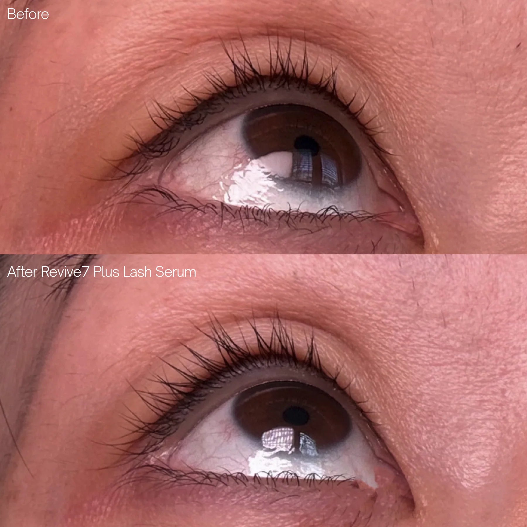 Before and after of Revive 7 Lash Serum, eyelid close up of longer lashes