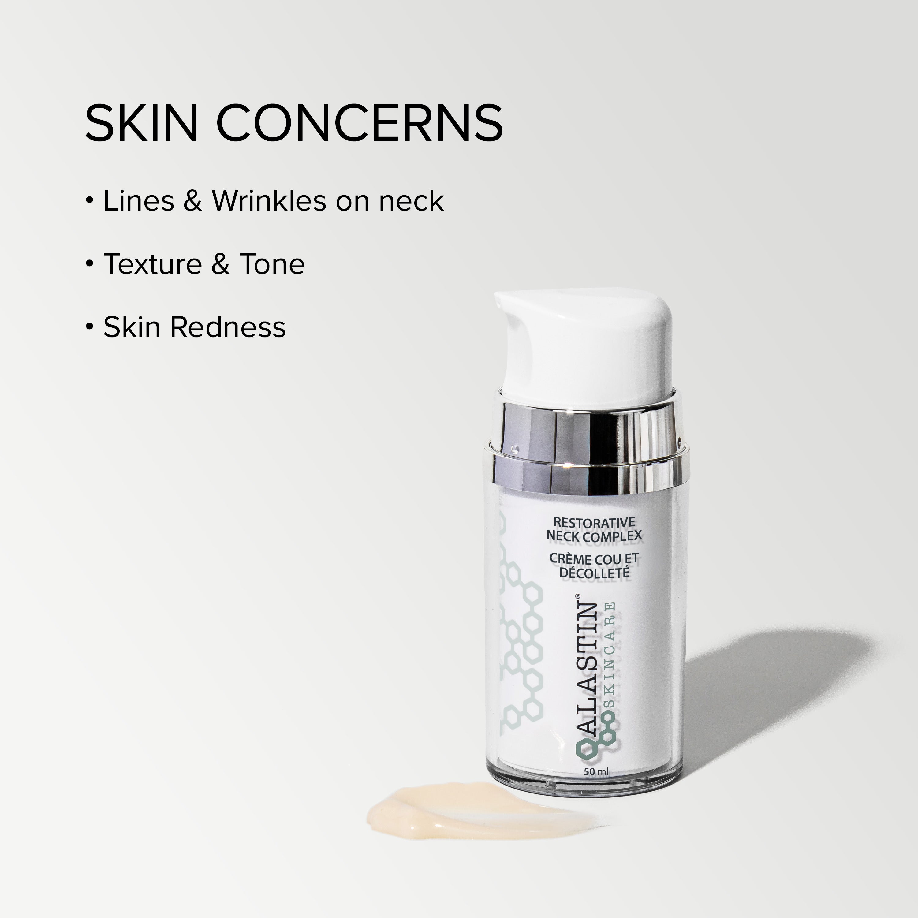 Alastin skin care - Restorative Neck Complex, for fine lines and wrinkles on the neck, texture and tone, skin redness. Purchase at Foxy Face Studio in Orangeville, ON
